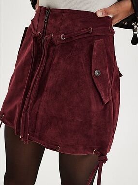 Free People Sierra Suede Drawstring Zip Mini Skirt - Burgundy